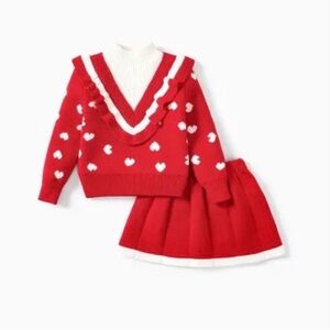 Toddler Girl 2pcs Heart Print Knitted Sweater Skirt Set, Red and White